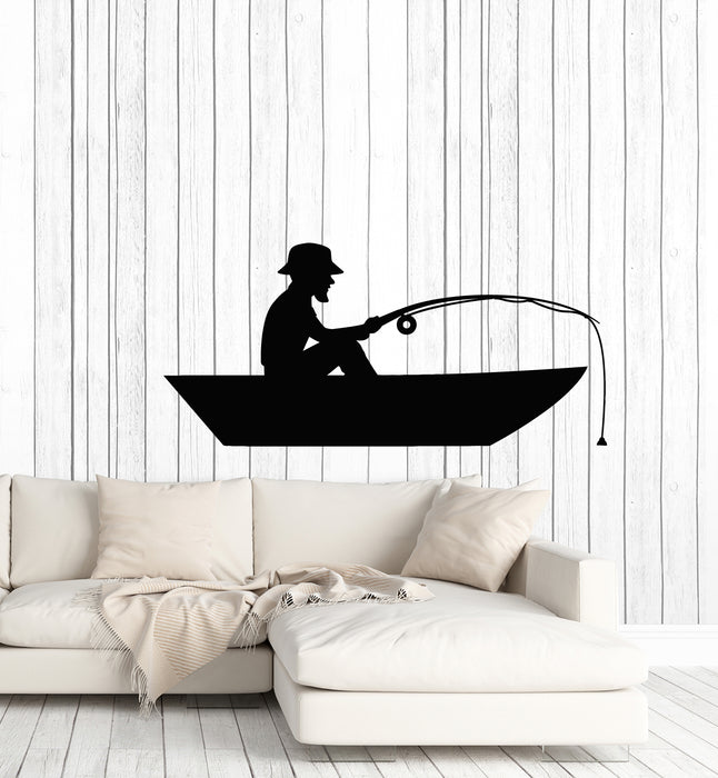 Vinyl Wall Decal Fisherman Fishing Rod Boat Catch Fish Hobby Stickers Mural (g4483)