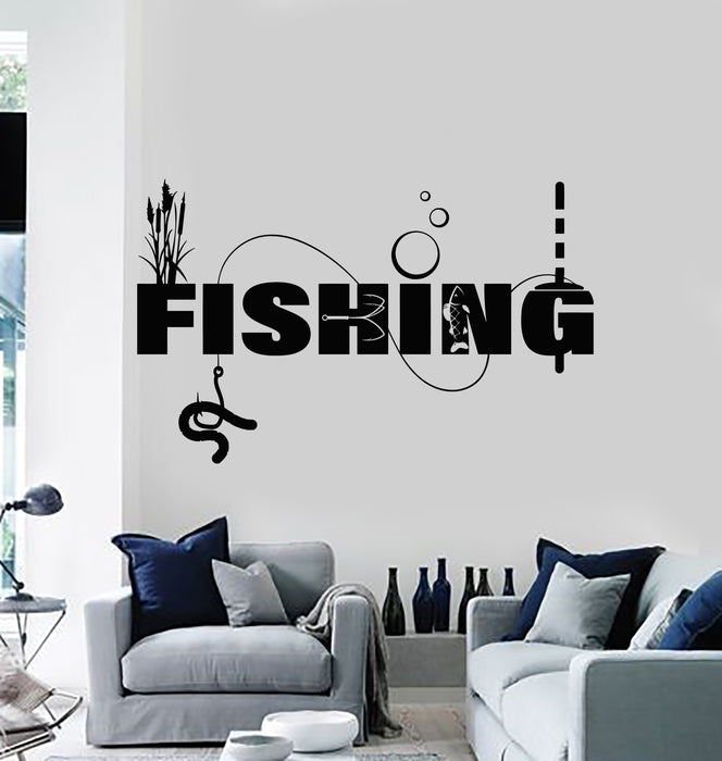 Autocollant mural en vinyle pour canne à pêche, sport de pêche, passe-temps, magasin de pêche, autocollants muraux (g5389)