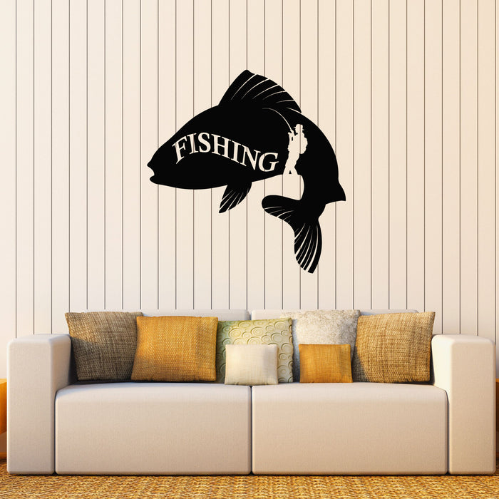 Vinyl Wall Decal Fishing Hunting Wild Fisher Big Fish Silhouette Stickers Mural (g8456)