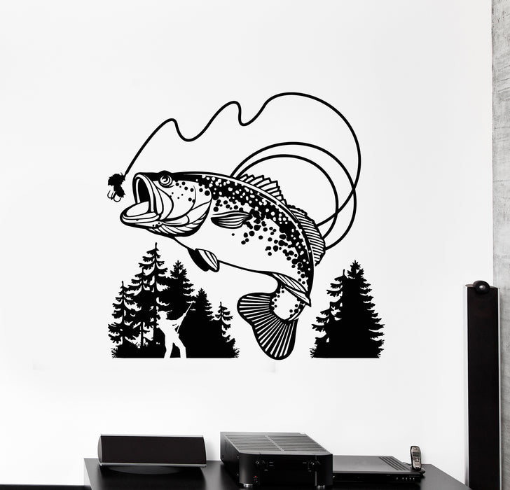 Vinyl Wall Decal Fishing Club Fish Hobby Man Decor Fir Tree Stickers Mural (g3161)