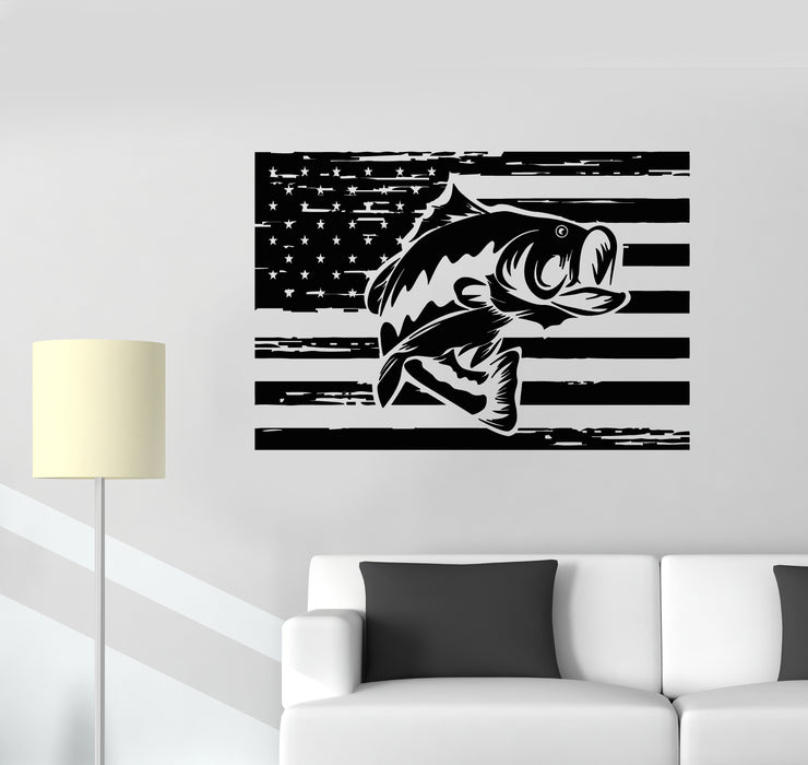 Vinyl Wall Decal Fish Hobby Fishing Store American Flag Stickers Mural (g4563)