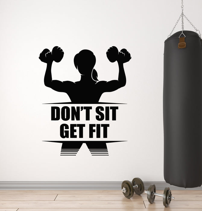 Vinyl Wall Decal Gym Fitness Girl Motivational Phrase Barbell Sport Stickers Mural (g2425)