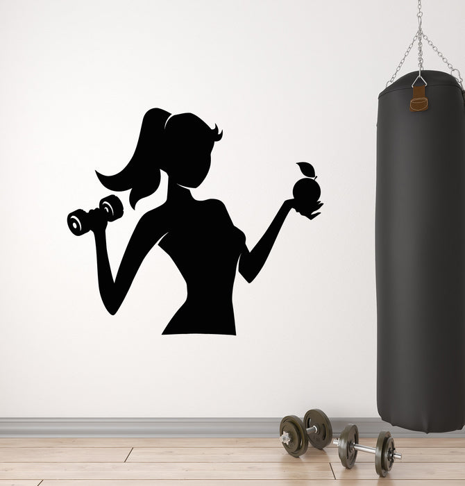 Vinyl Wall Decal Fitness Girl Gym Sports Health Diet Dumbbell Apple Stickers Mural (g2928)