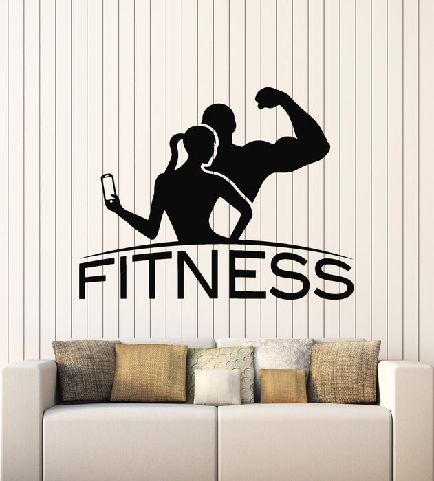 Виниловые наклейки на стену Спортивный зал Мужчина Девушка Фитнес Модель Бодибилдинг Спортивные наклейки Фреска (g5542)