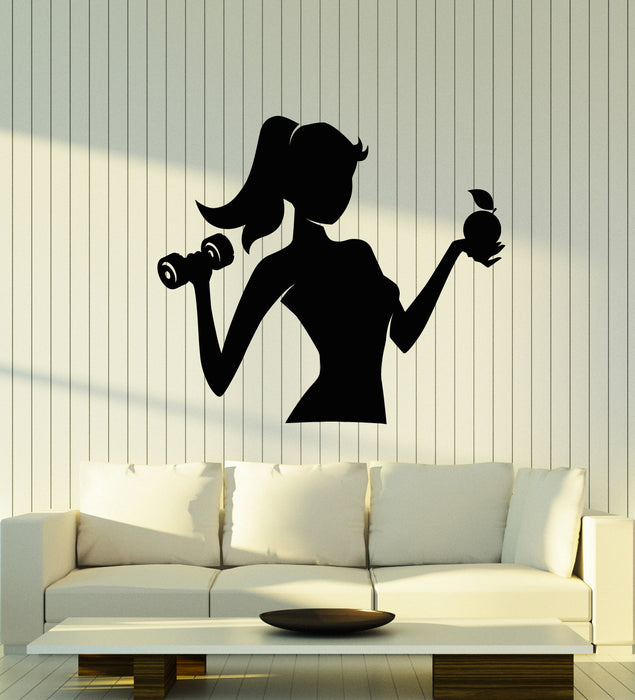 Vinyl Wall Decal Fitness Girl Gym Sports Health Diet Dumbbell Apple Stickers Mural (g2928)