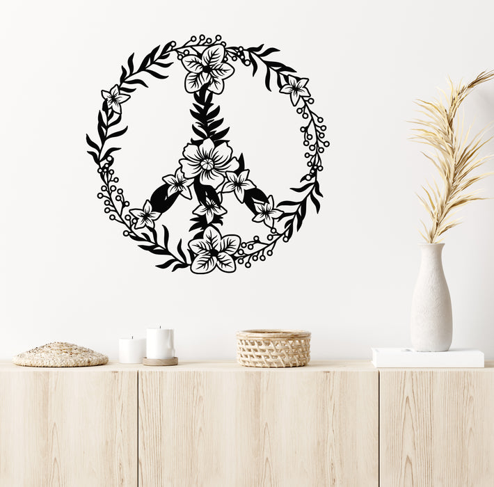 Vinyl Wall Decal Flower Wreath Symbol Of Peace Hippie Ethnic Style Stickers Mural (g6888)