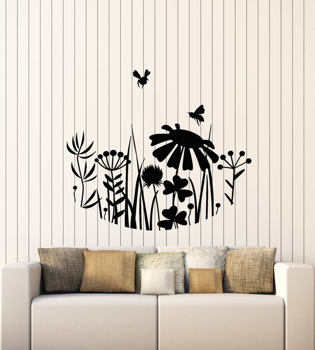 Vinyl Wall Decal Meadow Flowers Grass Bees Nature Bedroom Stickers Mural (g3237)