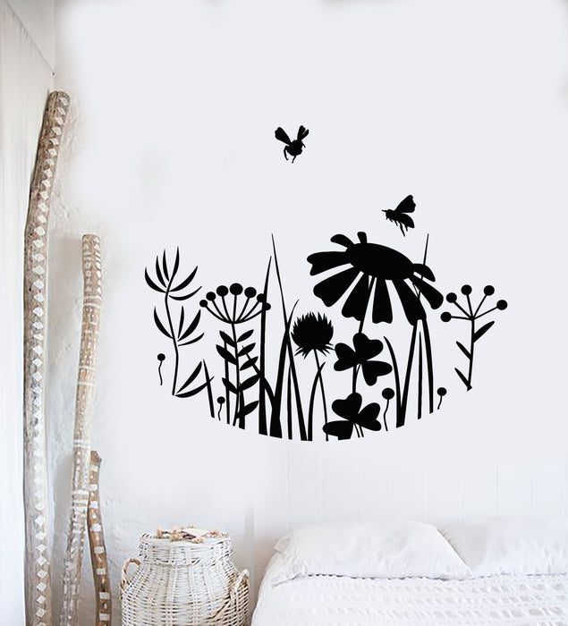 Vinyl Wall Decal Meadow Flowers Grass Bees Nature Bedroom Stickers Mural (g3237)