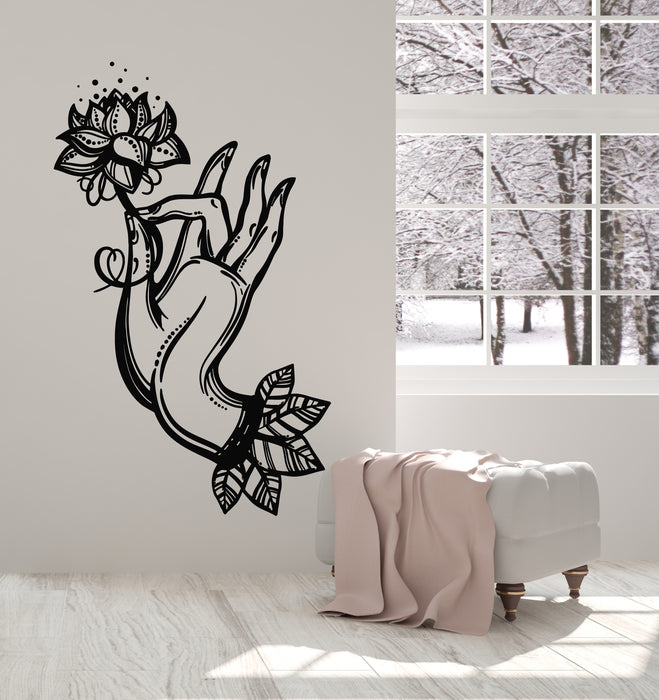Vinyl Wall Decal Flower Lotus Woman Hand Yoga Meditation Stickers Mural (g6270)