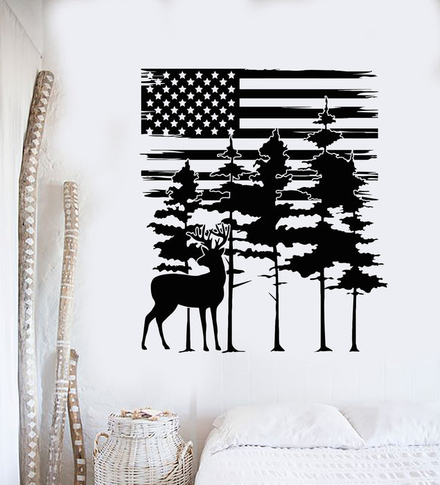 Vinyl Wall Decal Deer Animal Forest Fir Trees America Flag Bedroom Stickers Mural (g6238)