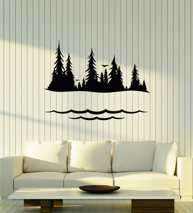 Vinyl Wall Decal Fir Trees Forest Decor Nature Waves Water Living Room (g4243)