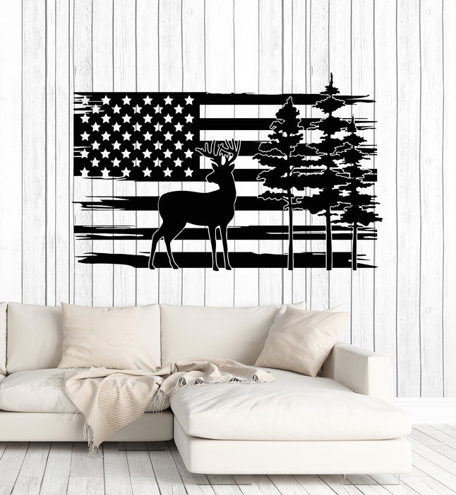 Vinyl Wall Decal Flag of America Deer Animal Forest Fir Trees Stickers Mural (g6224)
