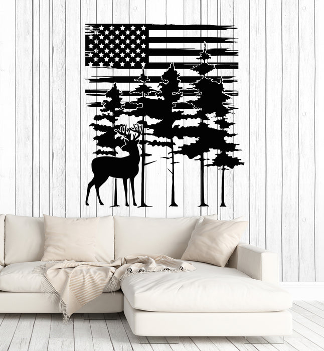 Vinyl Wall Decal Deer Animal Forest Fir Trees America Flag Bedroom Stickers Mural (g6238)