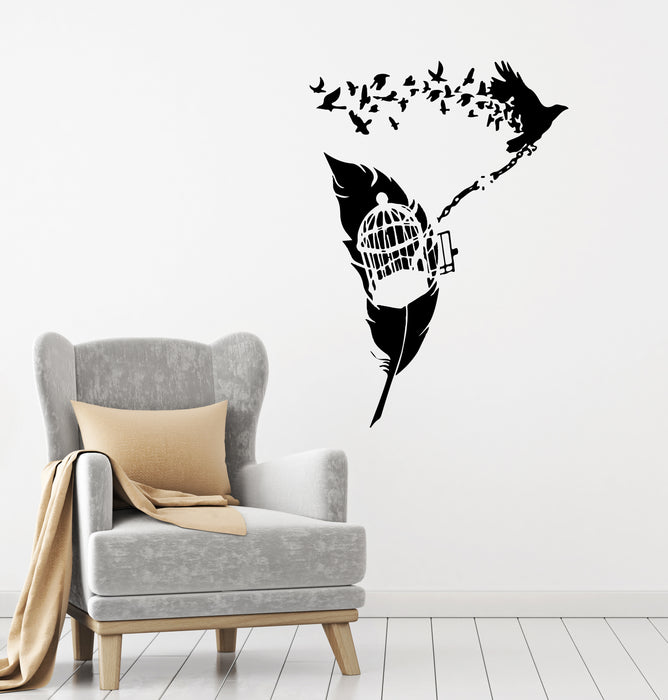 Freedom Vinyl Wall Decal Cell Feather Flying Bird Chain Stickers Mural (k266)