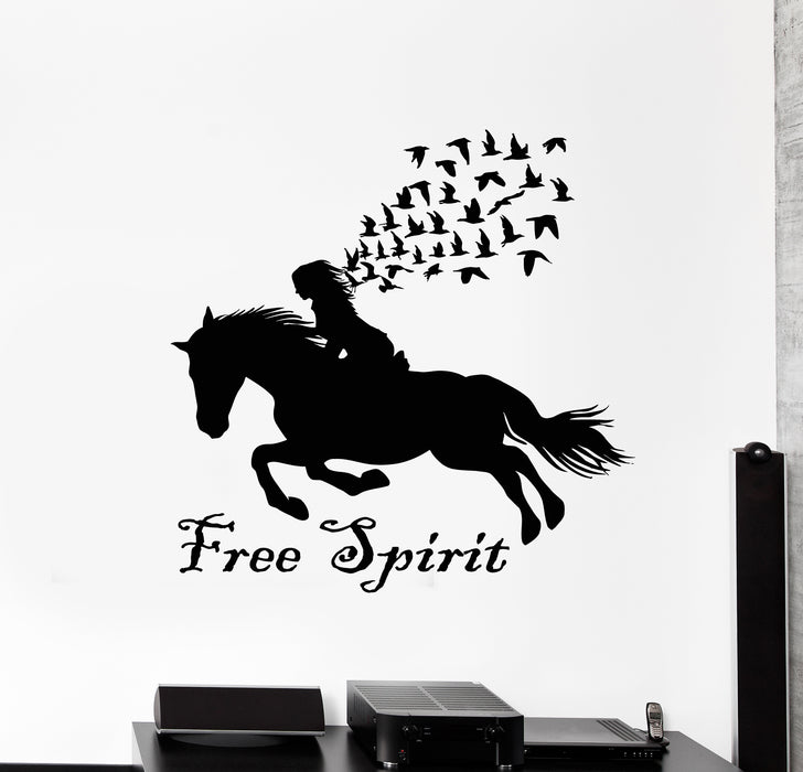 Vinyl Wall Decal Lettering Free Spirit Girl Horse Rider Birds Patterns Stickers Mural (g3445)