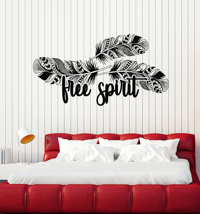 Vinyl Wall Decal Words Free Spirit Ethnic Interior Bird Feathers Stickers Mural (g5445)