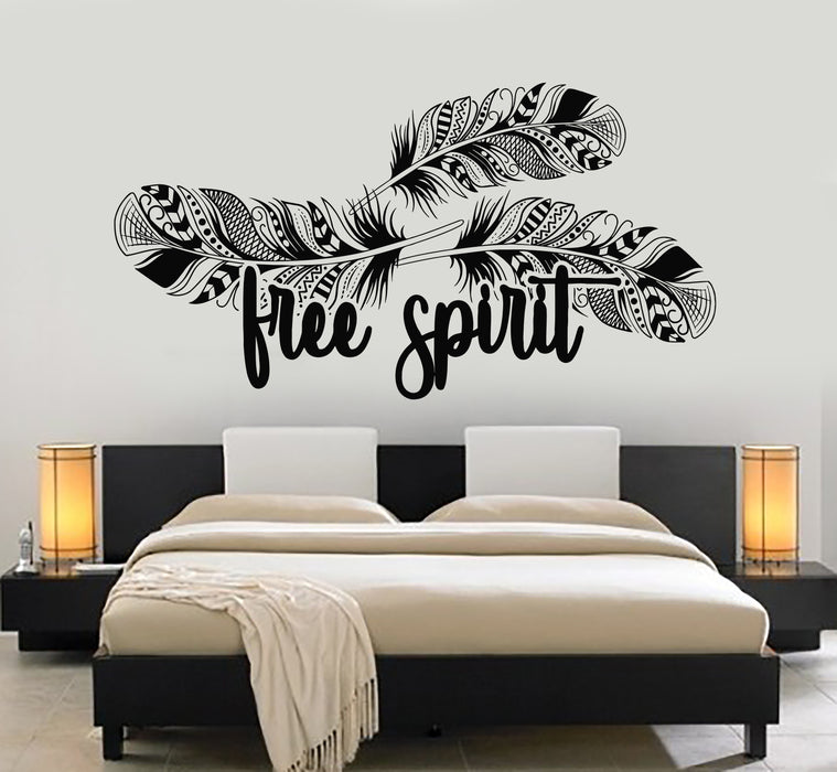 Vinyl Wall Decal Words Free Spirit Ethnic Interior Bird Feathers Stickers Mural (g5445)