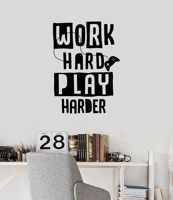 Gamer Quote Vinyl Wall Decal Video Game Work Hard Play Harder Art Stickers Mural (ig5308)