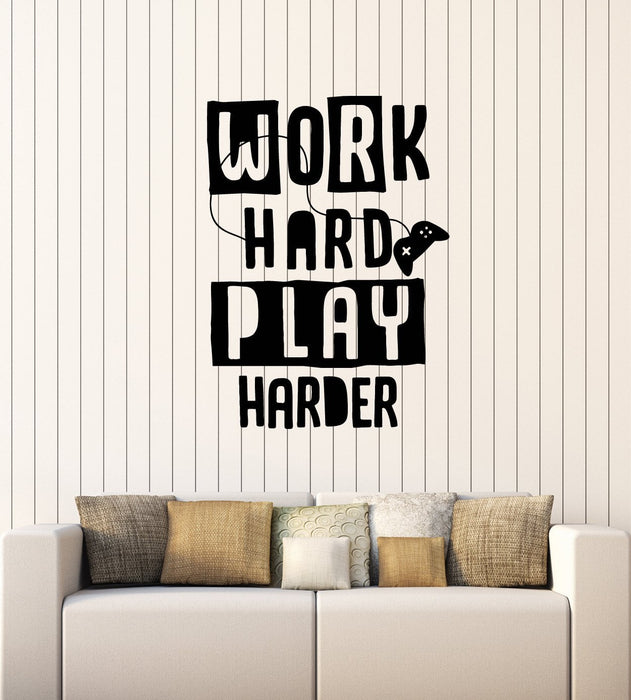 Gamer Wall Decal. Work Hard Play Harder Quote. Game Room Wall