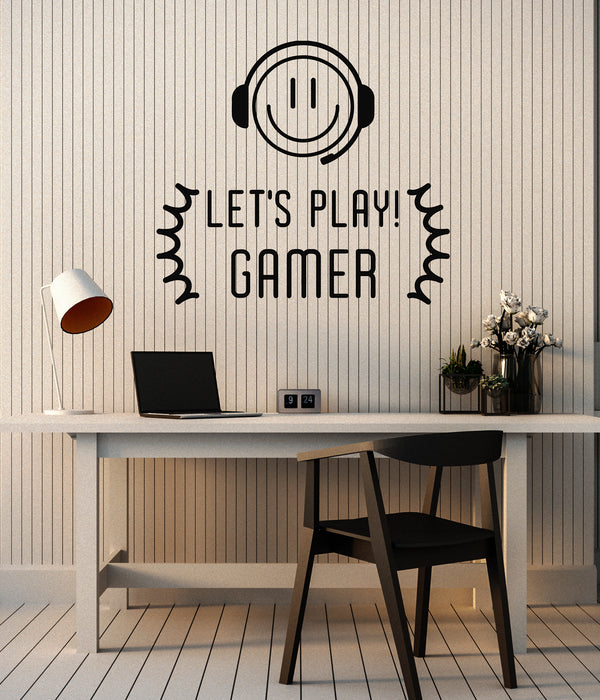 Vinyl Wall Decal Phrase Let's Play Gamer Smiley Headphones Game Room Stickers Mural (g2225)