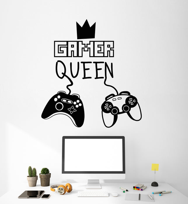 Vinyl Wall Decal Joystick Gamer Queen Crown Girl Play Room Stickers Mural (g5414)