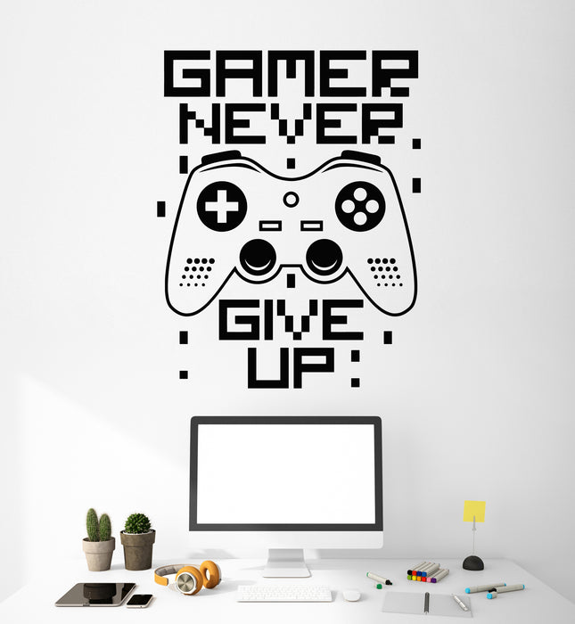 Vinyl Wall Decal Gamer Never Give Up Game Room Phrase Joystick Stickers Mural (g5444)