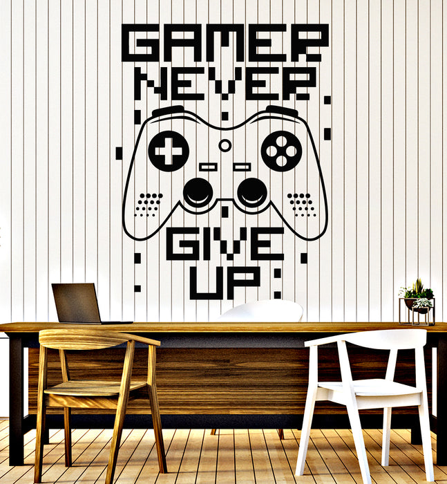 Vinyl Wall Decal Gamer Never Give Up Game Room Phrase Joystick Stickers Mural (g5444)