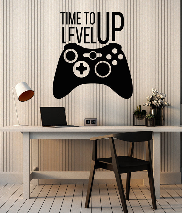 Vinyl Wall Decal Time To Level Up Gamer Quote Joystick Game Room Stickers Mural (g7306)