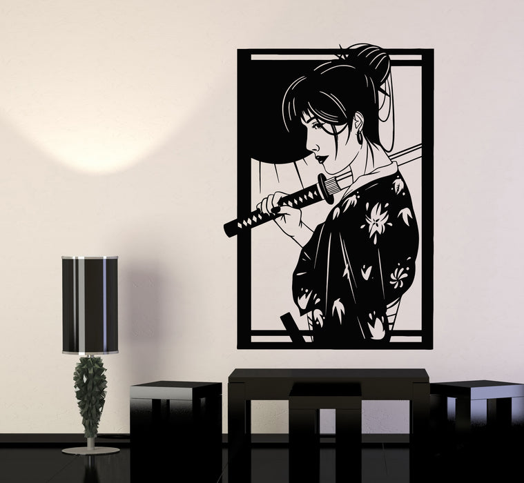 Vinyl Wall Decal Oriental Decor Geisha Japanese Girl With Katana Stickers Mural (g5702)