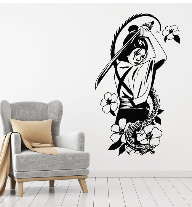 Vinyl Wall Decal Japanese Geisha With Catana Flowers Dragon Stickers Mural (g5773)