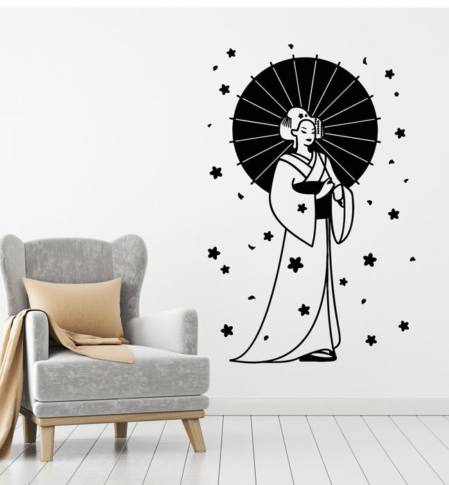 Autocollant mural en vinyle représentant une femme japonaise Geisha avec un parapluie (g3609)