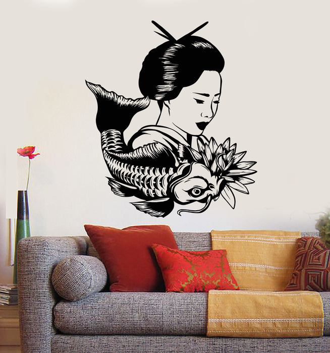 Vinyl Wall Decal Geisha Lotus Fish Oriental Decor Asian Restaurant Stickers Mural (g3954)