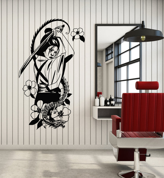 Vinyl Wall Decal Japanese Geisha With Catana Flowers Dragon Stickers Mural (g5773)