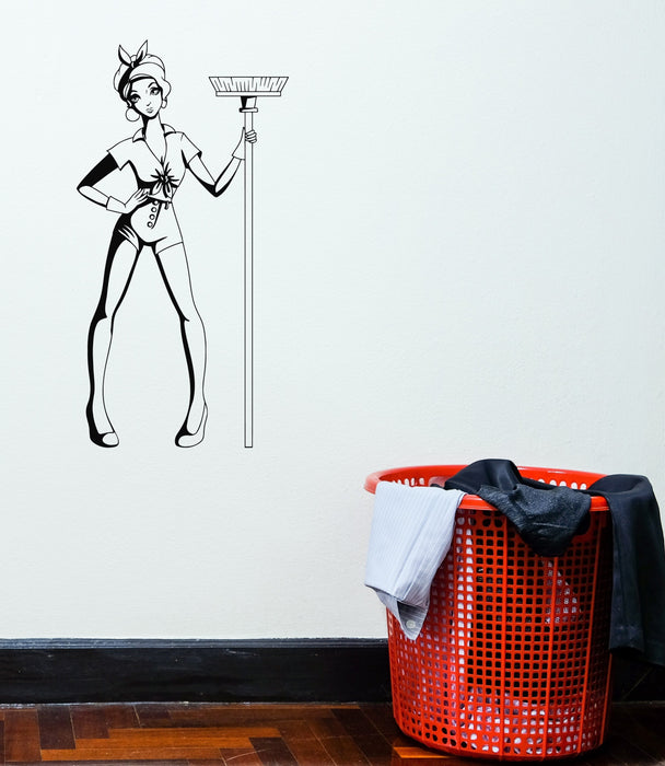 Vinyl Decal Girl Cleaning Cleaner Pin-Up Woman Mop Decor Wall Sticker Unique Gift (g072)