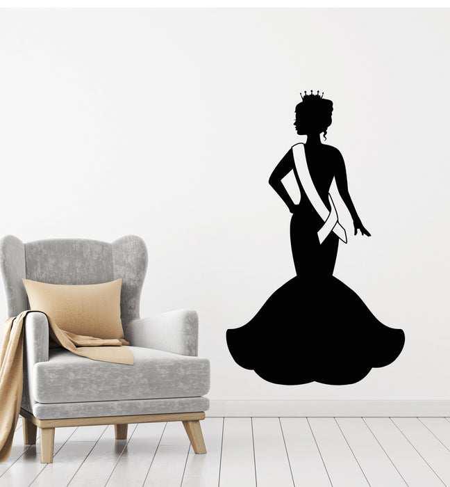 Vinyl Wall Decal Miss Beauty Crown Queen Lady In Evening Dress Stickers Mural (g1592)