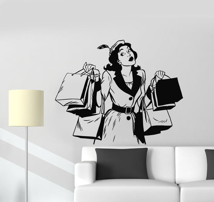 Vinyl Wall Decal Retro Girl Shopping Elegant Woman Fashion Style Stickers Mural (g521)