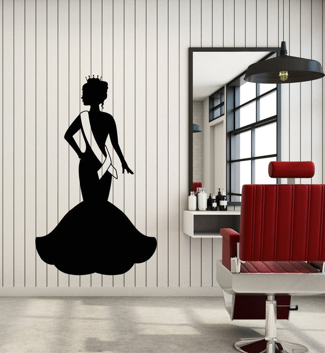 Vinyl Wall Decal Miss Beauty Crown Queen Lady In Evening Dress Stickers Mural (g1592)