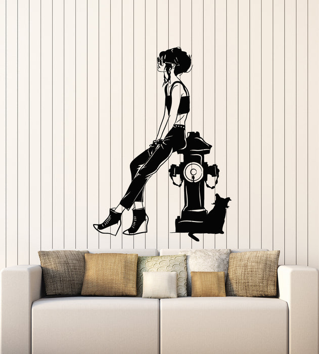 Vinyl Wall Decal Fashion Girl With Cat Sketch Drawing Decor Stickers Mural (g1623)
