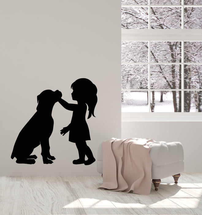Vinyl Wall Decal Silhouette Girl With Dog Pet Home Interior Stickers Mural (g1050)