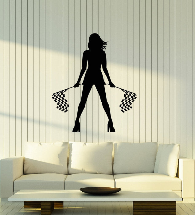 Vinyl Wall Decal Girl with Start Flags Garage Decor Racer Room Auto Racing Stickers Mural (ig5500)