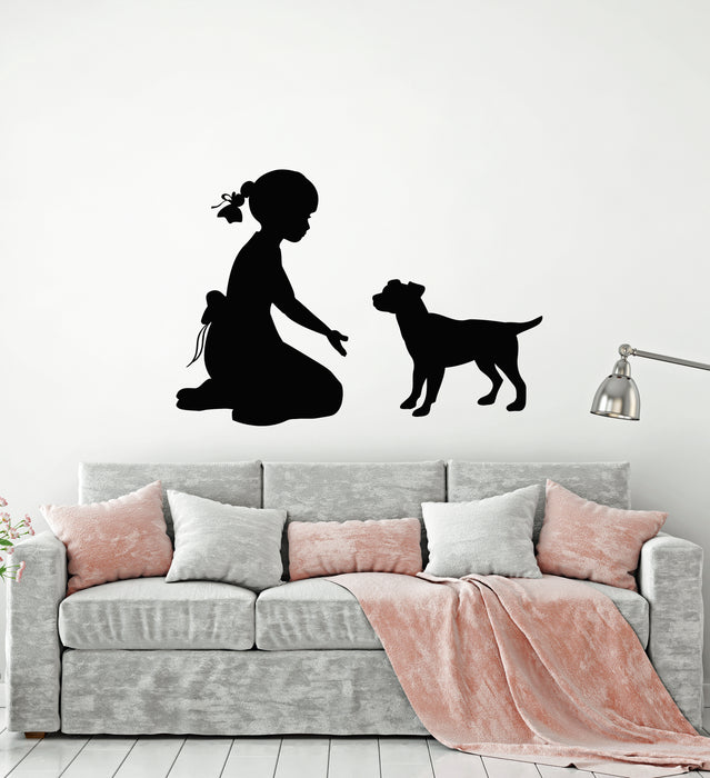 Vinyl Wall Decal Girl With Dog Pets Grooming Home Interior Stickers Mural (g4623)