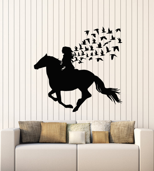 Vinyl Wall Decal Silhouette Girl Horse Rider Birds Patterns Stickers Mural (g6138)