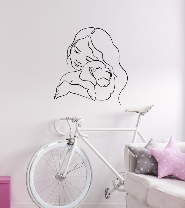 Vinyl Wall Decal Girl With Dog Cute Decor Pets Love Home Animal Stickers Mural (g7890)