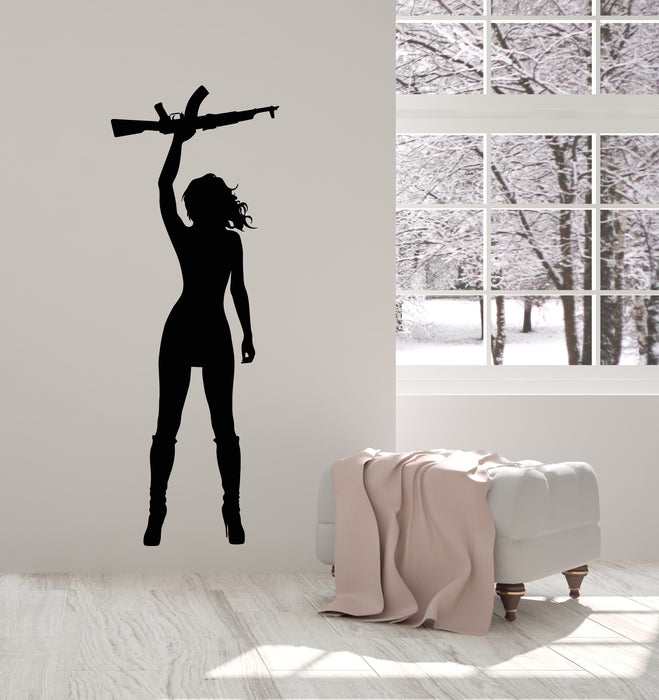 Vinyl Wall Decal Dangerous Girl With Gun Automatic Weapons Stickers Mural (g6126)