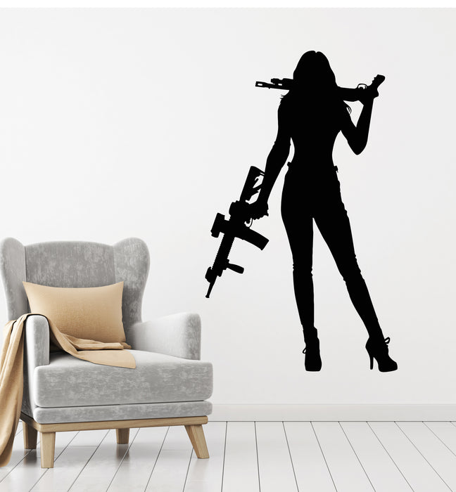 Vinyl Wall Decal Sexy Woman Soldier Silhouette With Weapons Stickers Mural (g7069)