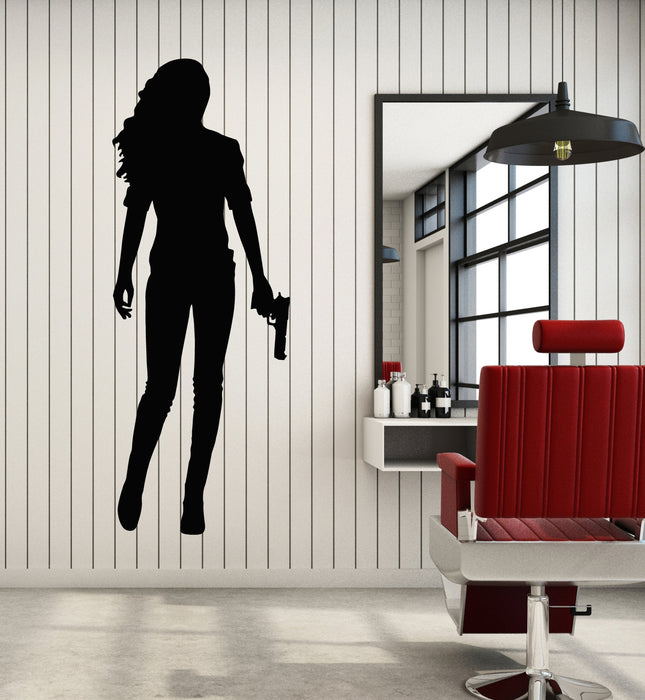 Vinyl Wall Decal Woman Standing Holding Gun Silhouette Stickers Mural (g7442)