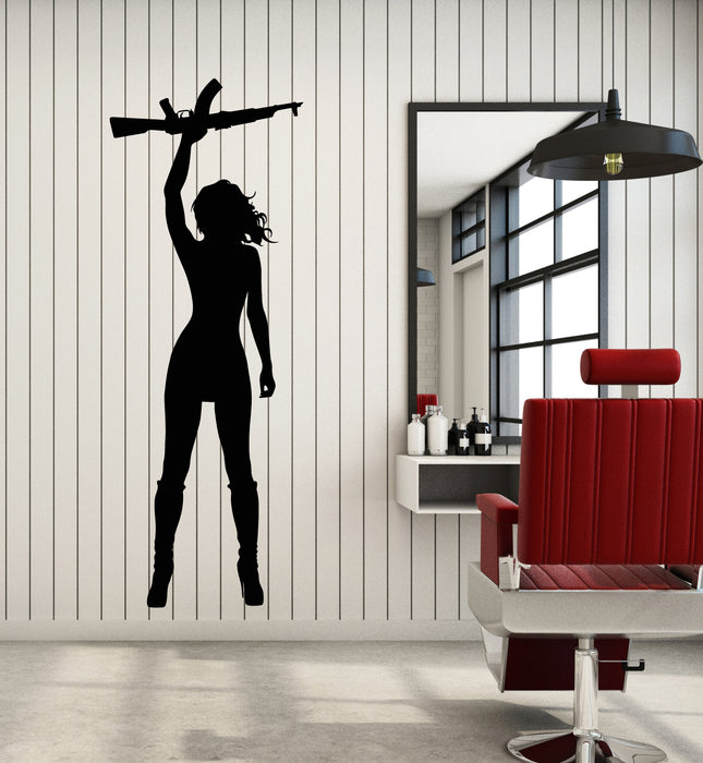 Vinyl Wall Decal Dangerous Girl With Gun Automatic Weapons Stickers Mural (g6126)