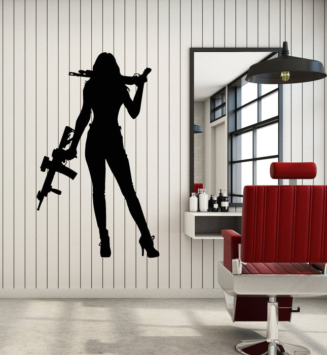 Vinyl Wall Decal Sexy Woman Soldier Silhouette With Weapons Stickers Mural (g7069)