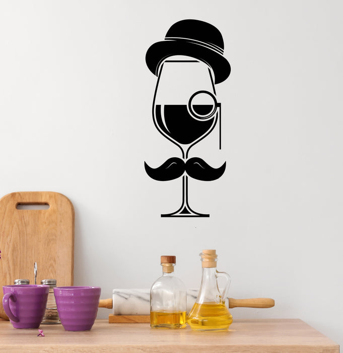 Glass of Wine Vinyl Wall Decal Gentleman Hat Mustache Stickers Mural (k143)