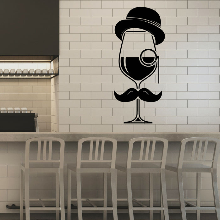 Glass of Wine Vinyl Wall Decal Gentleman Hat Mustache Stickers Mural (k143)